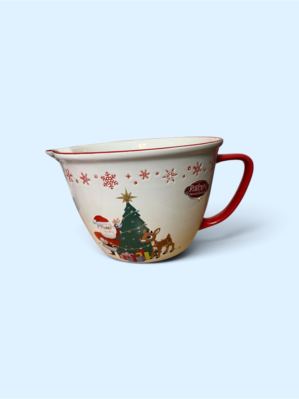 Festive Holiday Ceramic Pitcher with Red Handle
